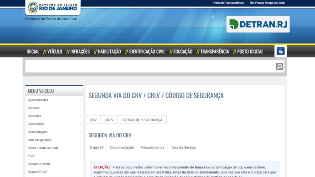 Print Screen do Detran-RJ referente a informações sobre o Licenciamento.