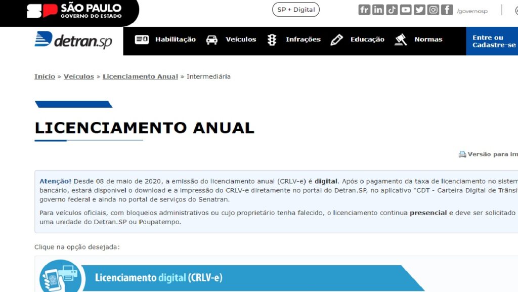 Print Screen do site do Detran-SP sobre licenciamento. 