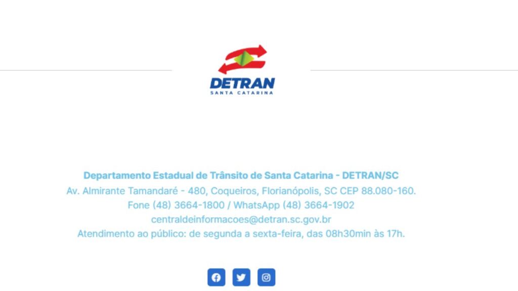 Print Screen dos canais de atendimento do Detran-SC.