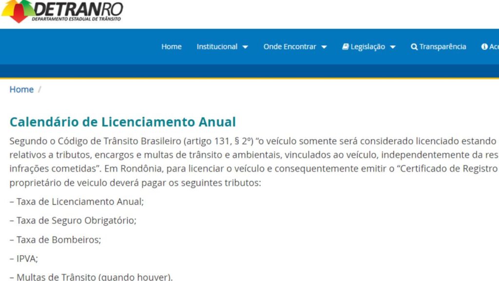 Print Screen do Detran-RO referente a informações sobre o Licenciamento.