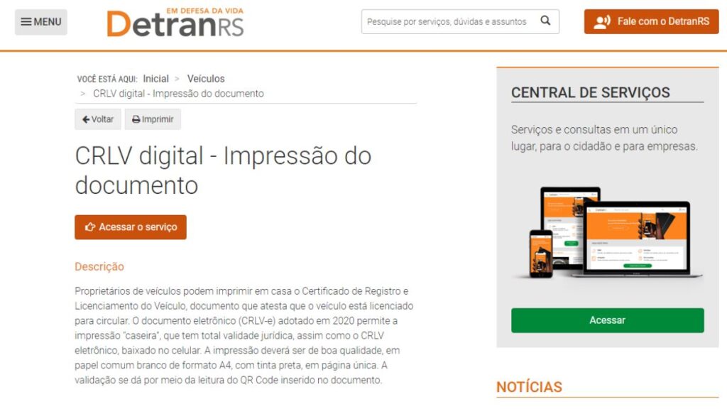 Print Screen do Detran-MG referente a informações sobre o Licenciamento.