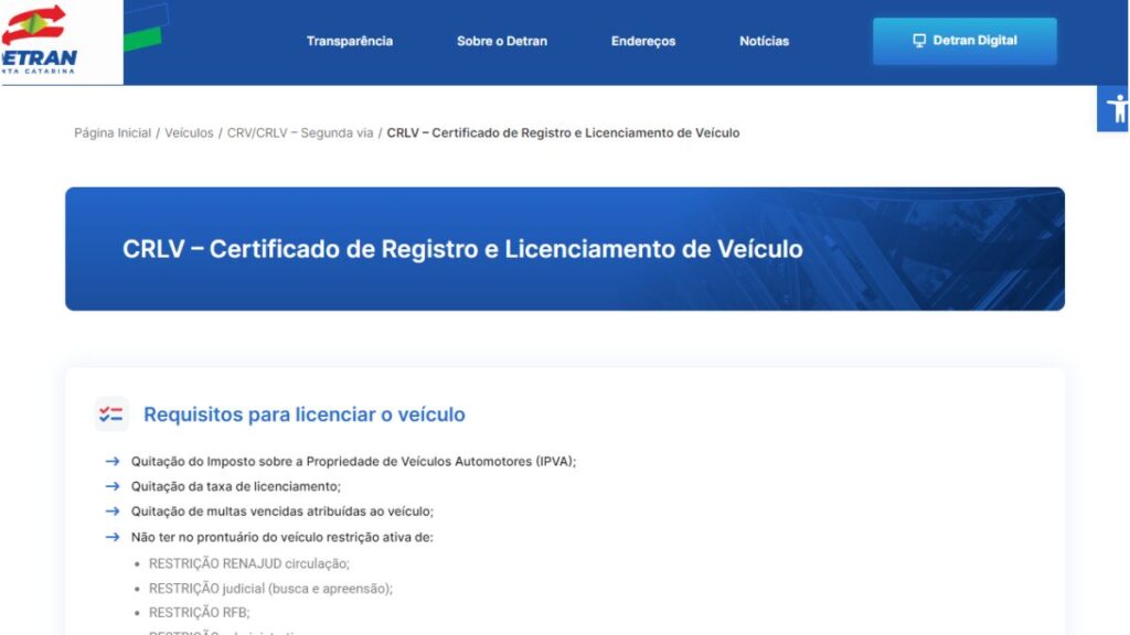 Licenciamento 2024 SC: Tabela, Valor e Pagamento 2 Print Screen do Detran-SC referente a informações sobre o Licenciamento.