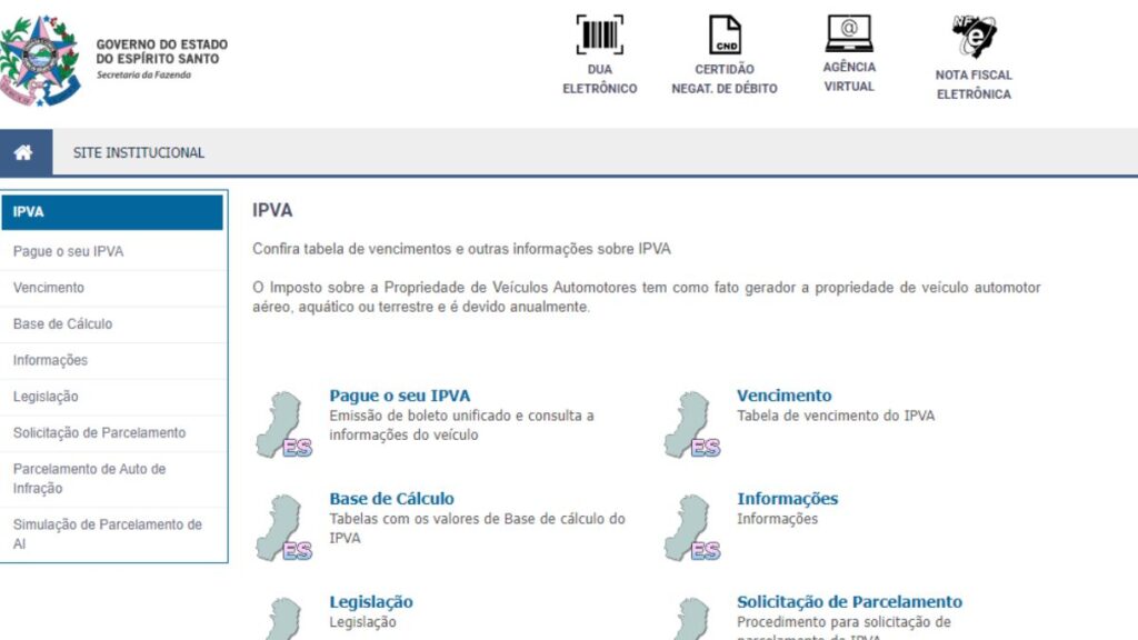 Detran ES IPVA 2024: Consulta Valor e Emissão da Guia 2 Print Screen do SEFAZ-ES referente a informações sobre o IPVA.