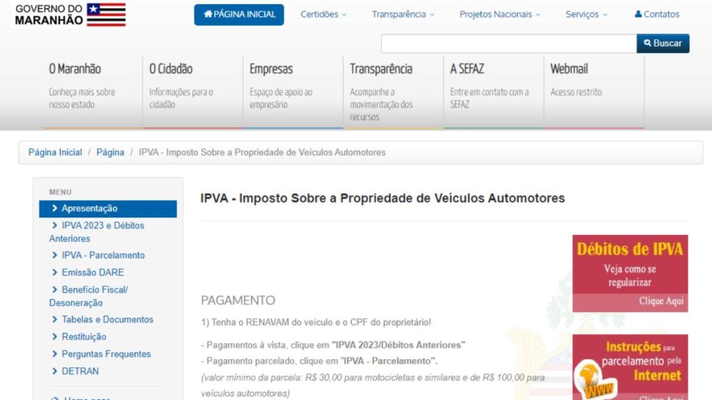 Detran MA IPVA 2024: Consulta Valor e Emissão da Guia 2 Print Screen do SEFAZ-MA referente a informações sobre o IPVA.