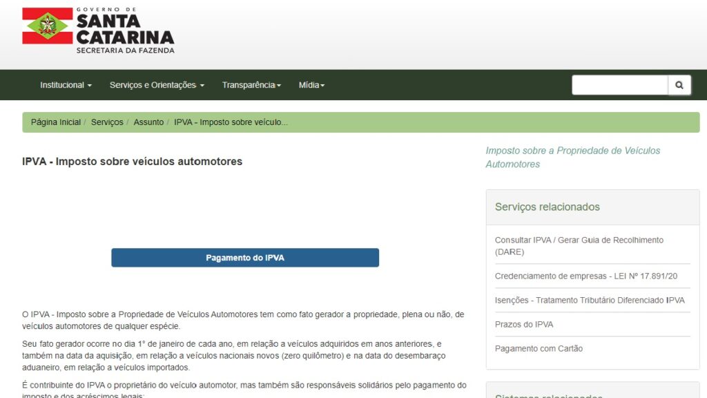 Print Screen do SEF-SC referente a informações sobre o IPVA.