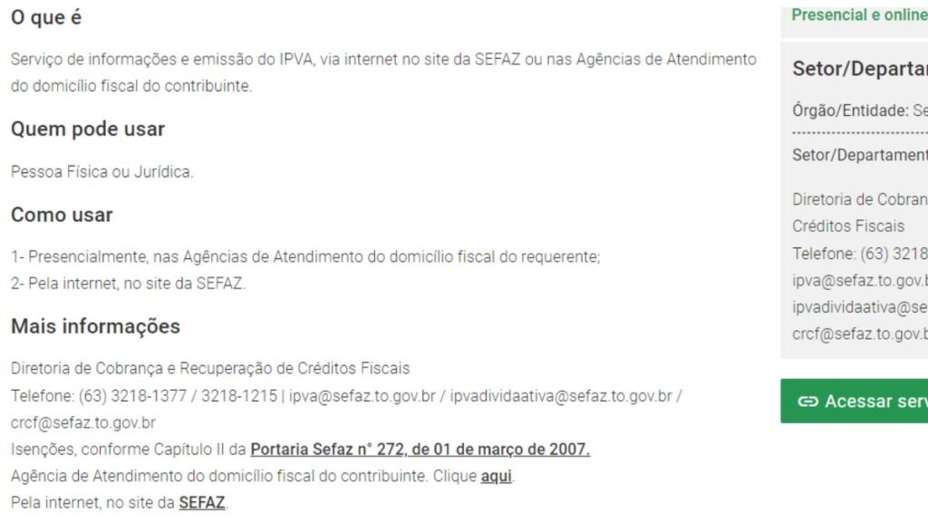 Detran TO IPVA 2024: Consulta Valor e Emissão da Guia 2 Print Screen do SEFAZ-TO referente a informações sobre o IPVA.