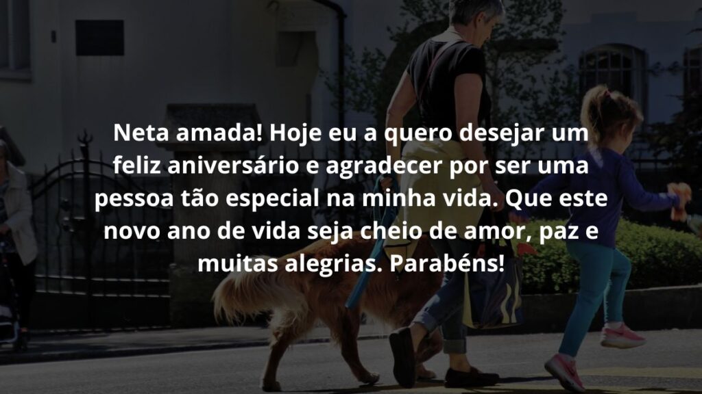Neta amada! Hoje eu a quero desejar um feliz aniversário e agradecer por ser uma pessoa tão especial na minha vida. Que este novo ano de vida seja cheio de amor, paz e muitas alegrias. Parabéns!