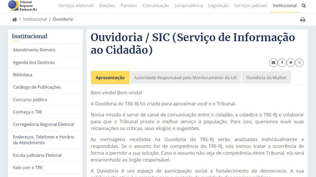 WhatsApp TRE RJ: Telefone, ouvidoria, redes sociais e muitos mais! 2 Print Screen do canal de ouvidoria do TRE RJ.