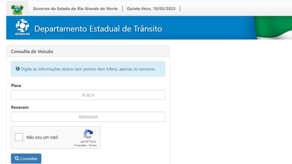 Print Screen do Detran-RN referente a informações sobre o Licenciamento. 
