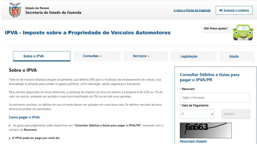 IPVA 2024 PR: Tabela (Calendário), Valor e Pagamento 2 Print Screen do site da SEFAZ-PR com informações sobre o IPVA.