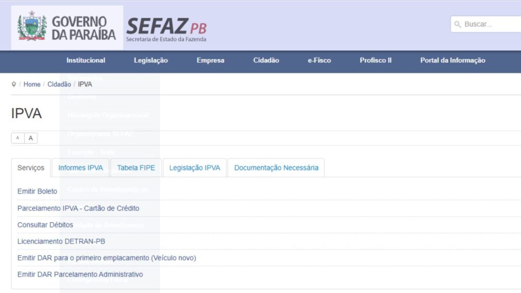 Print Screen do site da SEFAZ-PB referente a informações sobre o IPVA.