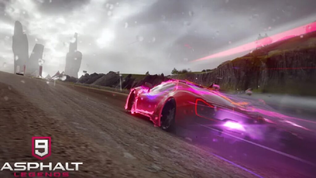 Banner do jogo Asphalt 9 com um carro de luxo vermelho.