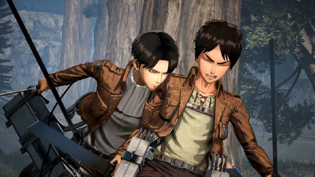 Imagem do jogo mostrando dois personagens unidos com casacos na cor marrom.