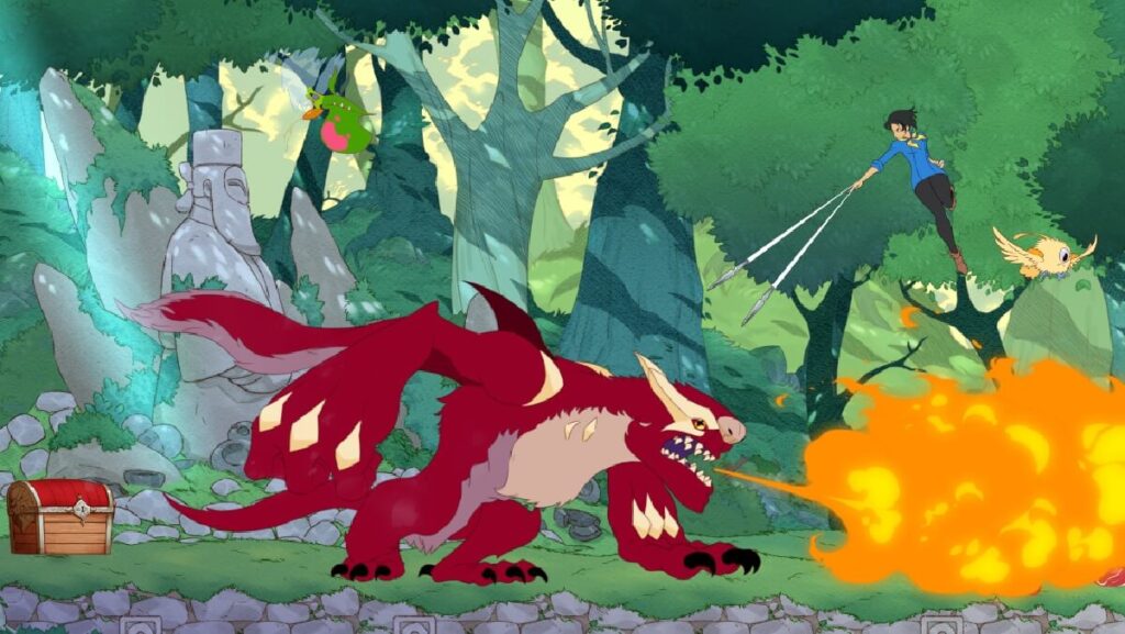 Imagem capturada de dentro do jogo mostrando um jogador lutando contra um monstro.