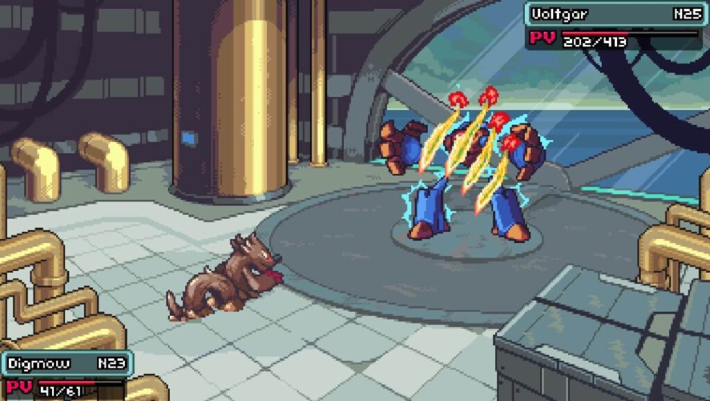 Imagem do jogo mostrando um robô em uma área cientifica.