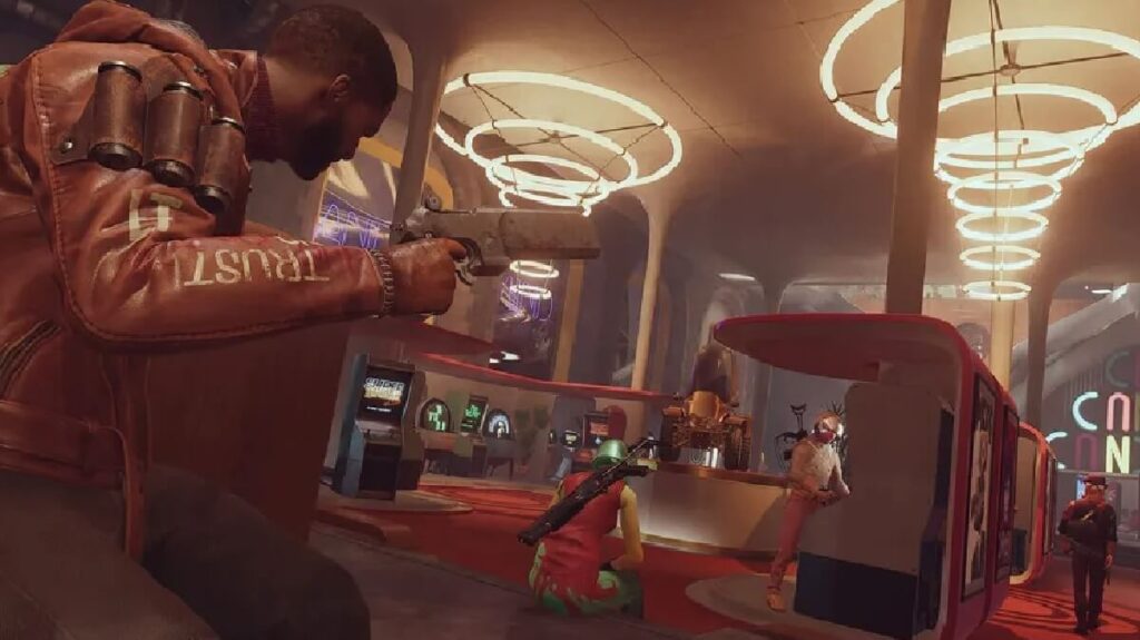 Pessoas preparadas para o combate no jogo DEATHLOOP.