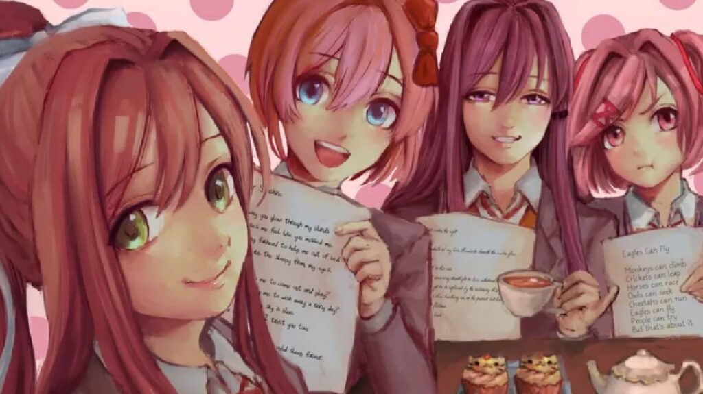 Imagem do jogo mostrando 4 personagens femininas com cabelos em rosa.