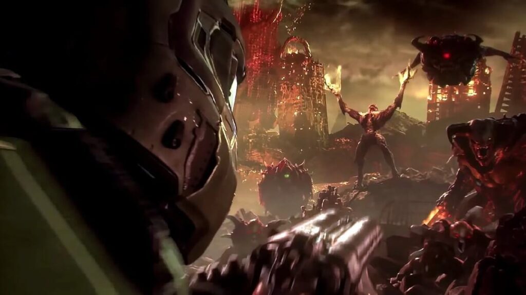 Personagem do Doom Eternal atacando um monstro.