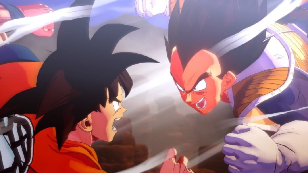 Imagem do jogo mostrando dois personagens principais do Dragon Ball Z lutando.