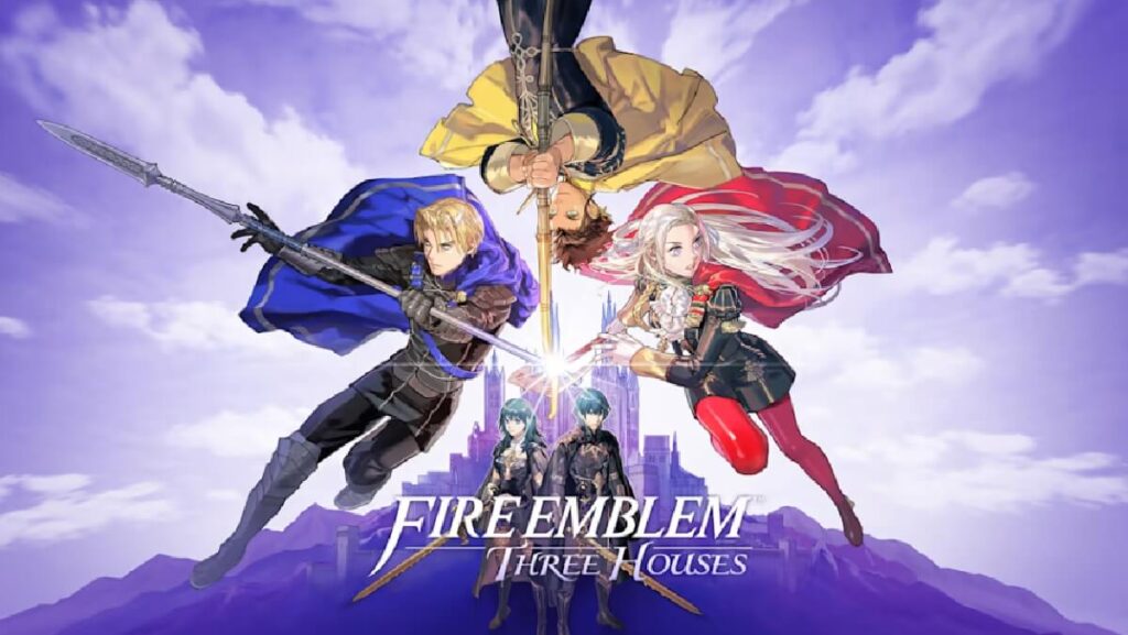 Banner do jogo mostrando cinco de seus personagens armados.