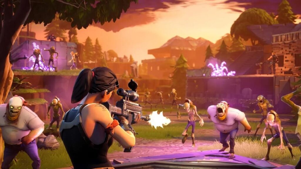 Personagem feminina do Fortnite apontando a arma para os inimigos.
