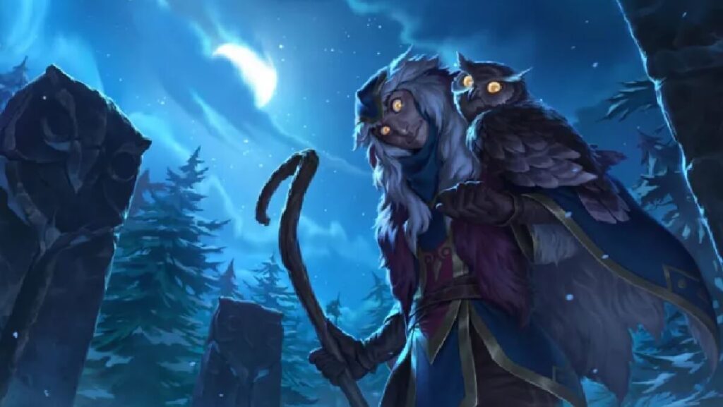 Imagem de um personagem com uma coruja no jogo Legends of Runeterra.