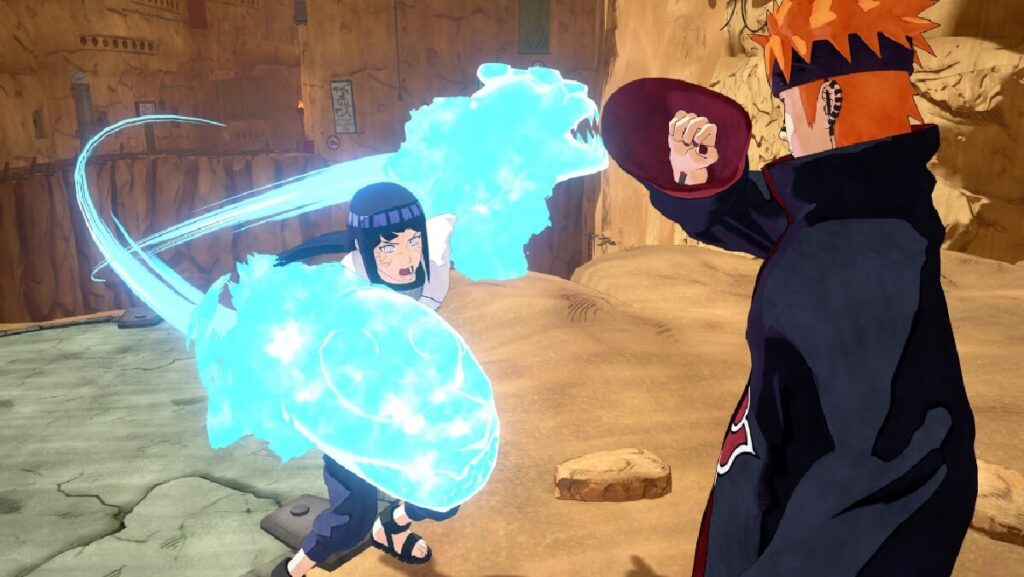 Imagem do jogo mostrando a personagem Hinata atacando Pain.
