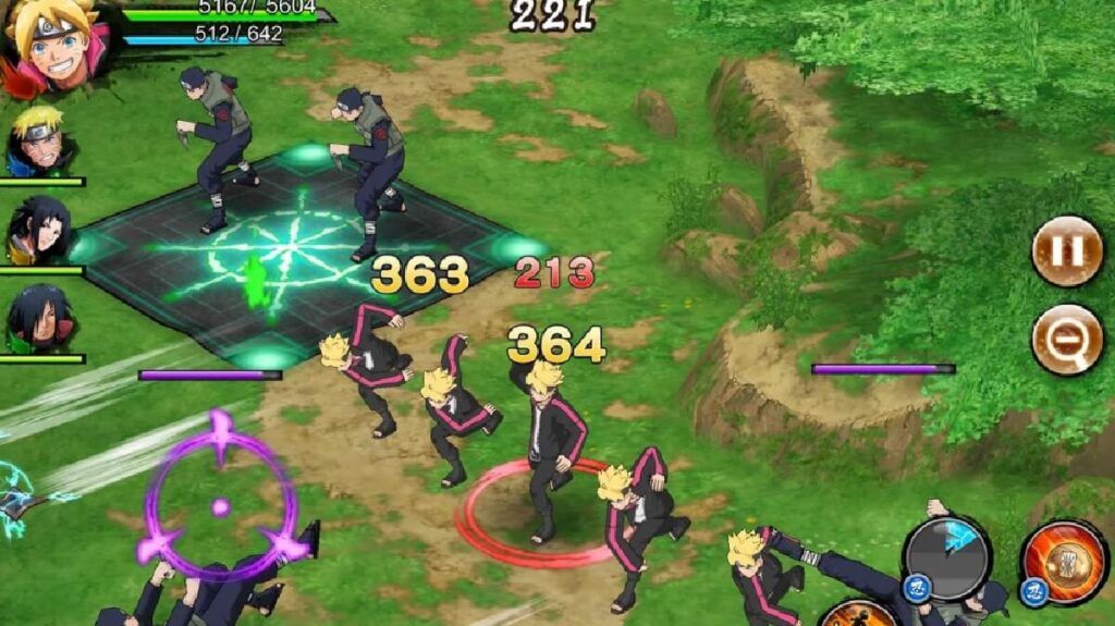 Imagem capturada de dentro do jogo mostrando vários shinobis do anime Naruto.