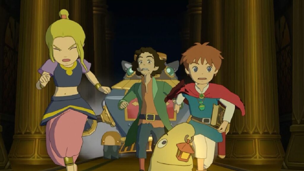 Personagens do jogo correndo de um gigante robô.
