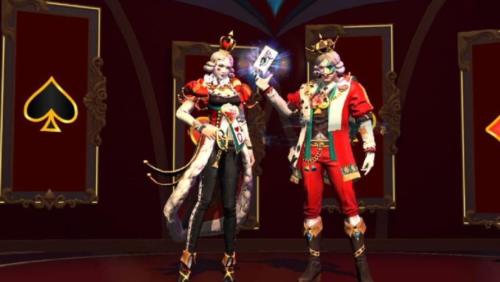 Dois personagens com um tema de jogo de cartas.