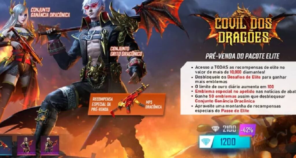 Banner de anúncio do Free Fire sobre um passe com o tema de dragões.