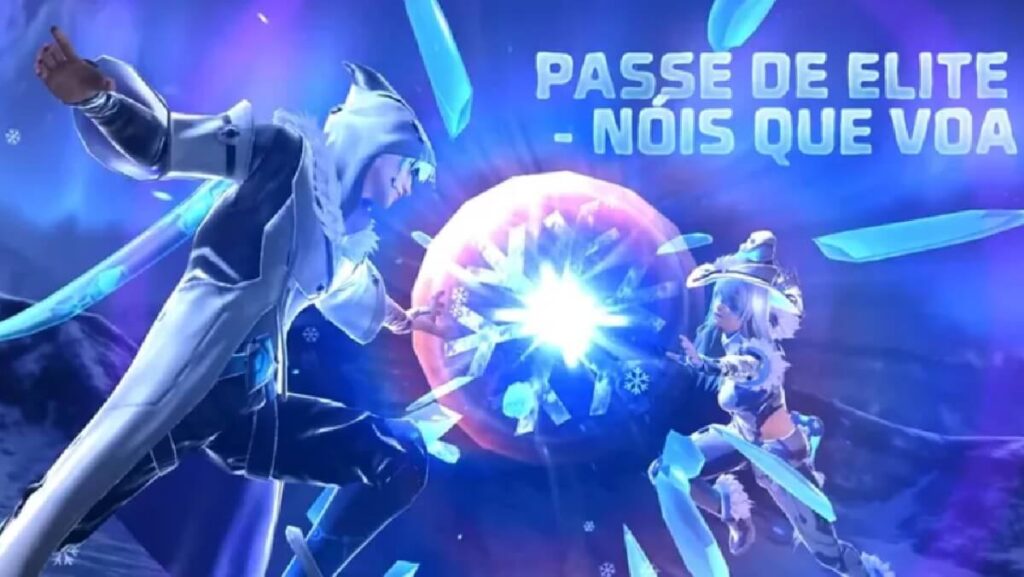 Anúncio de um passe de elite do Free Fire com o tema de bruxa.