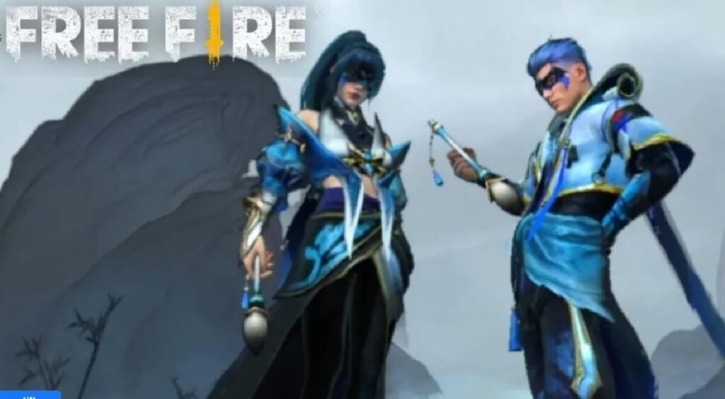 Dois personagens do Free Fire com um tema celestial, suas cores principais são o branco e o azul.