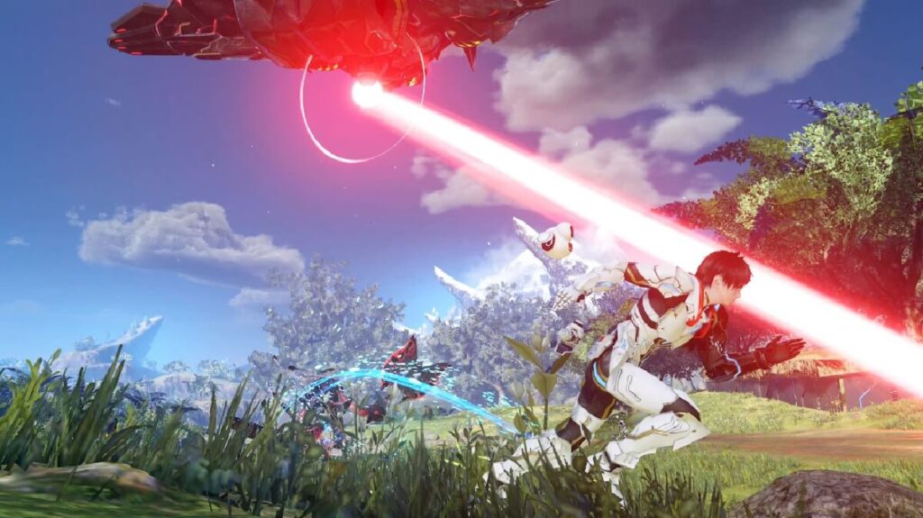Imagem do jogo mostrando uma nave lançando um lazer em um jogador.