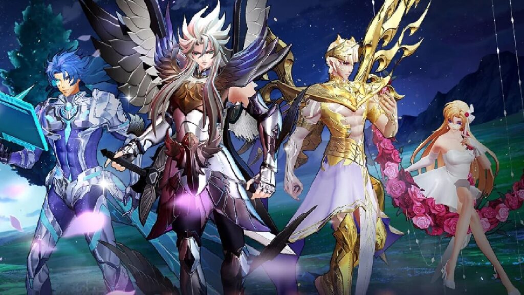 Imagem do jogo mostrando 4 personagens principais em temática mitológica.