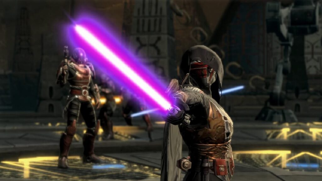 Imagem do jogo mostrando um personagem com um armamento da cor roxa.