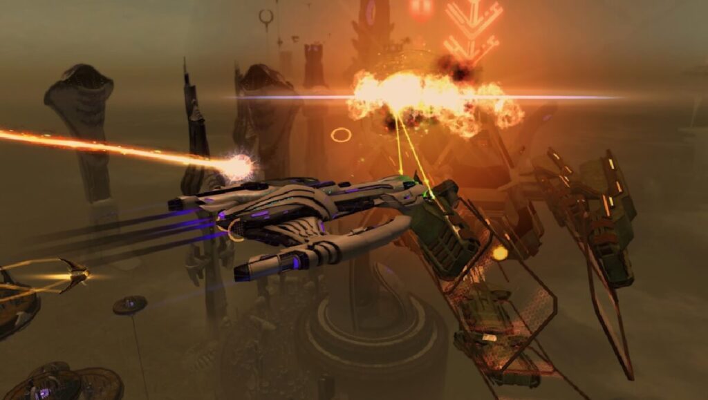 Imagem do jogo mostrando várias espaçonaves sobre o ar.