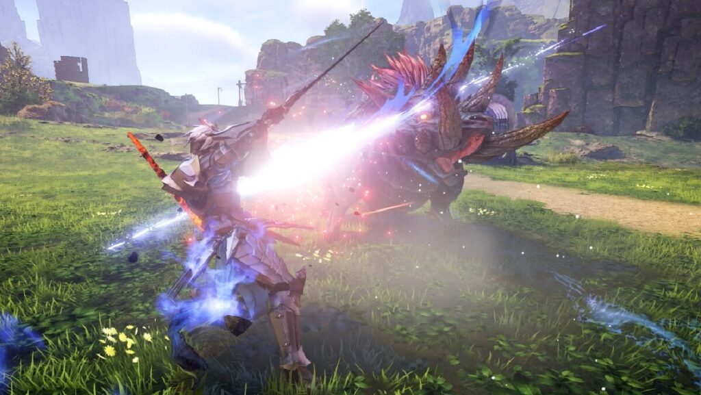Imagem do jogo mostrando um jogador lutando contra um mostro com uma espada mágica.
