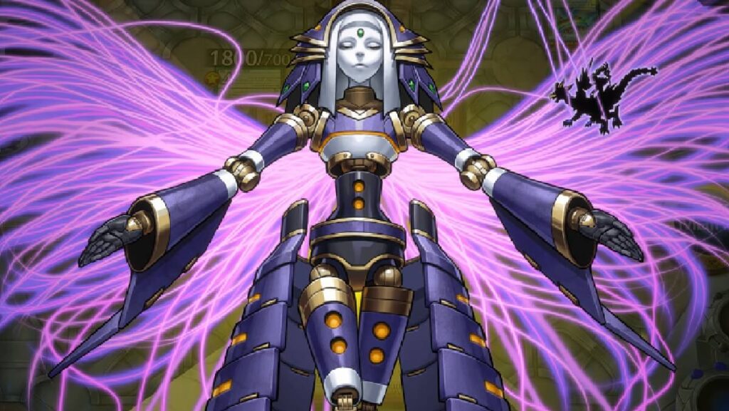 Imagem capturada de dentro do jogo mostrando uma personagem principal com as cores principais sendo roxo.