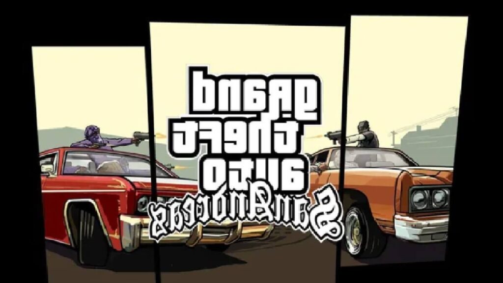Banner do GTA San Andreas mostrando carros em laranja e vermelho.