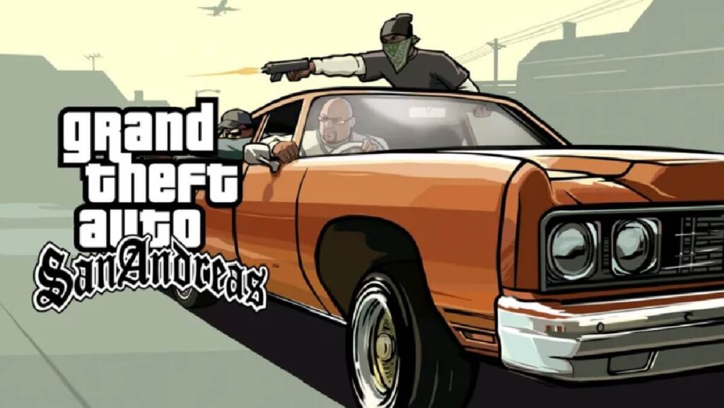 Banner do San Andreas com um homem apontando uma arma de dentro de um carro laranja.