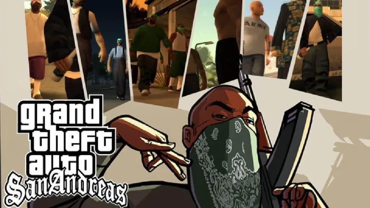 Banner do GTA San Andreas mostrando algumas partes do jogo e um homem com uma arma. códigos do GTA