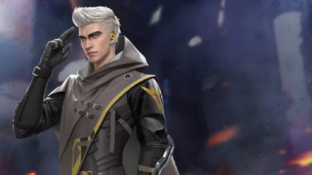 Personagem Homero do Free Fire, cego de cabelos brancos, sua roupa é com tons de marrom, preto e cinza.