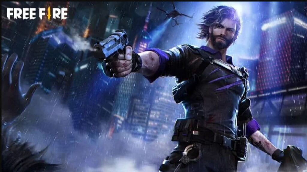 Personagem Andrew do Free Fire apontando uma arma.