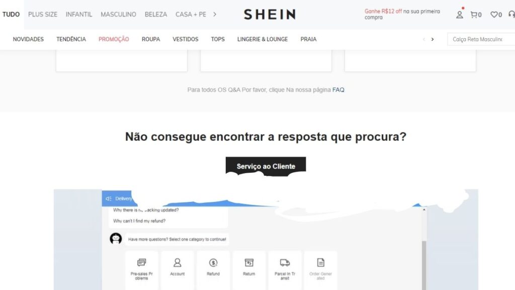 Serviço ao cliente da Shein.