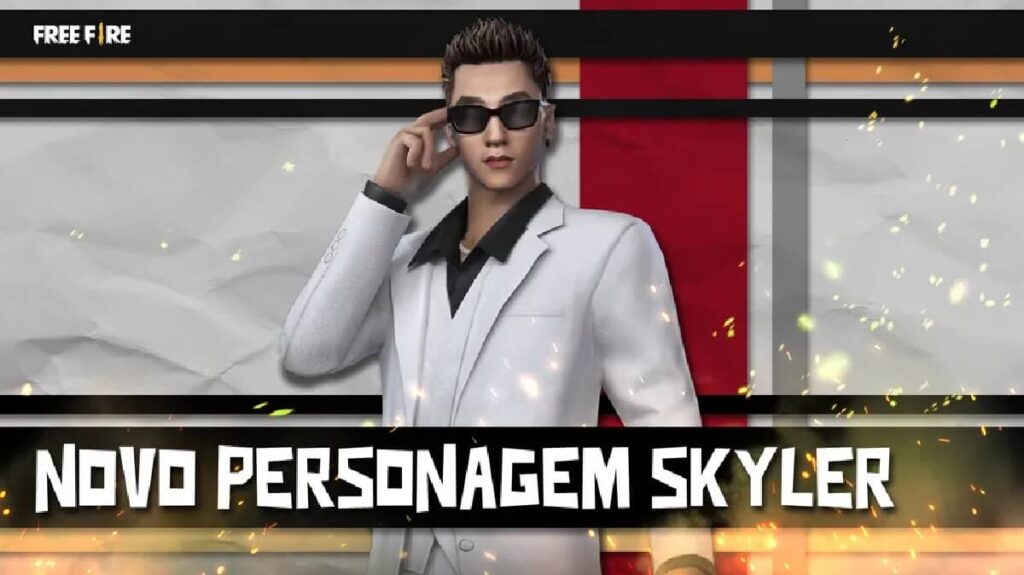 Personagem Skyler do Free Fire com terno branco.