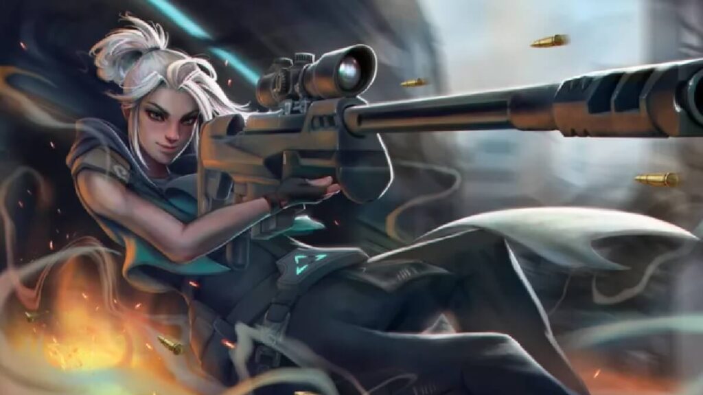 Personagem feminino armada do jogo Valorant.