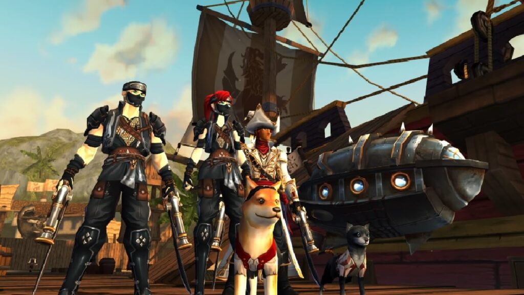 Imagem de personagens principais ao lado de um navio.