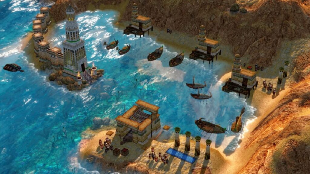 Imagem do jogo mostrando um farol na beira do mar e várias outras construções.