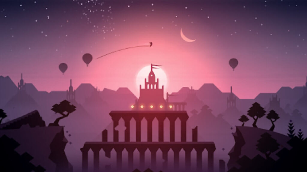+20 Melhores jogos offline para Android: Lista atualizada (2023)! 1 Banner do jogo mostrando um castelo distante com um fundo em rosa e roxo.